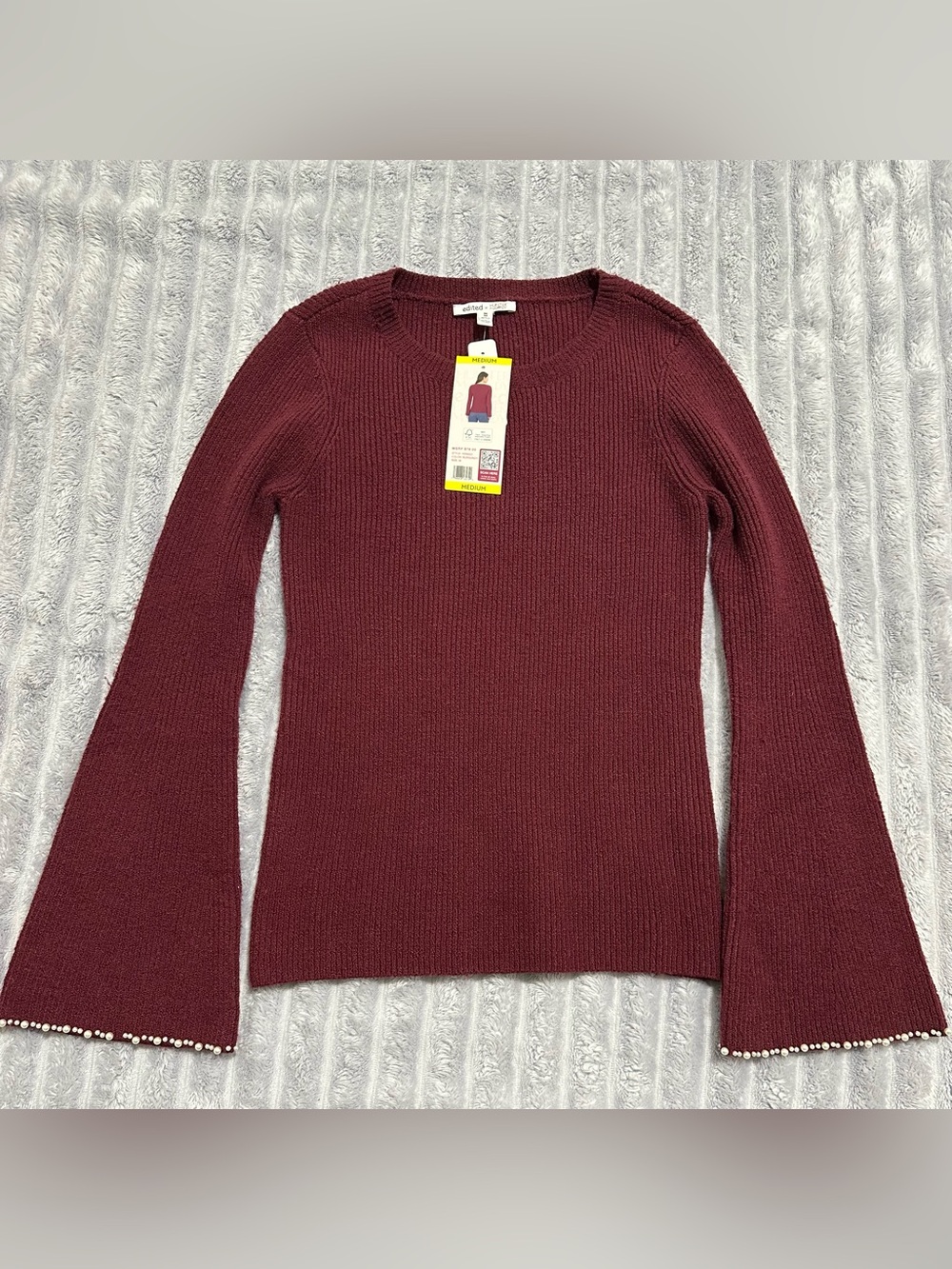 Women's Ribbed Crewneck Sweater with Pearl-Trim Sleeves - Burgundy